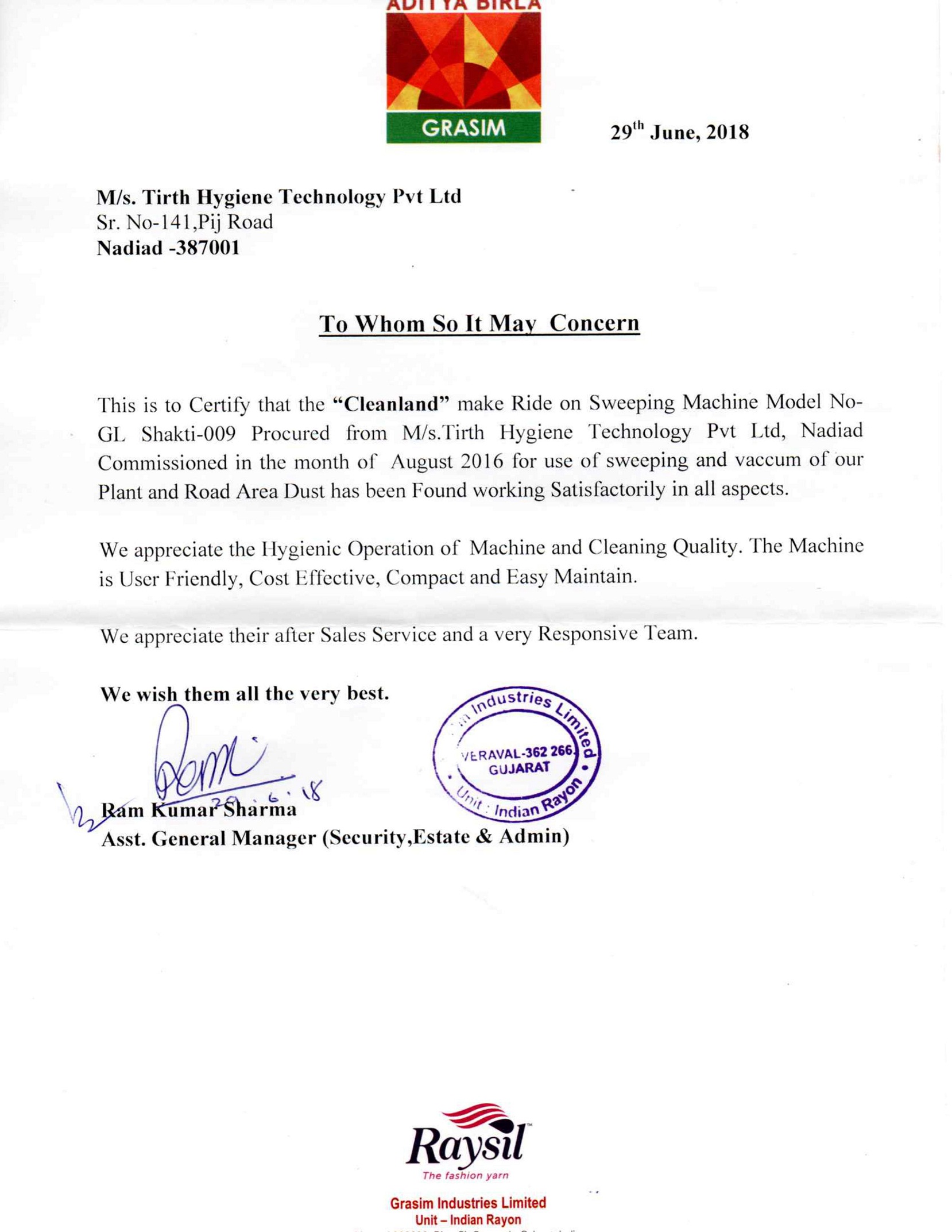 Performance Certificate For Sweeper Machines